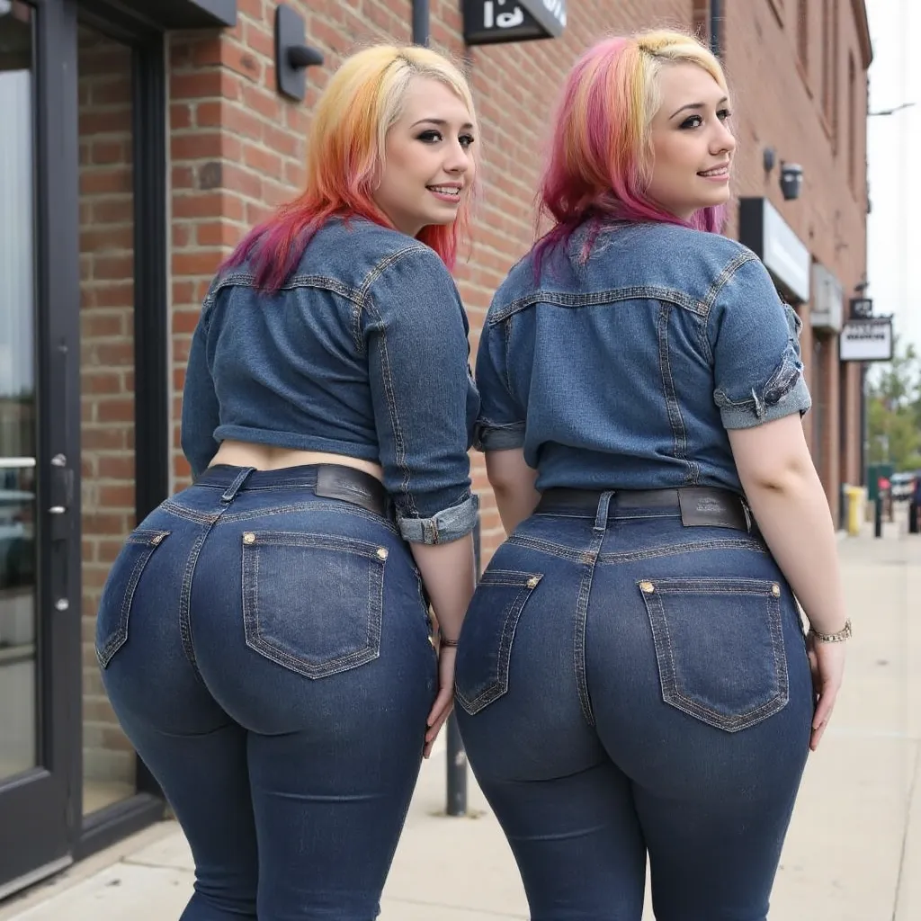 2 cute blonde plump, muscular arms and legs, curvy plus-size model, huge big firm MASIVE BUT, small waist CONTRAST huge masive hips. wearing dark blue shiny wetlook skinny JEANS pants with prominent big back pockets, skinny legs (made of WETlook FABRIC, pl...