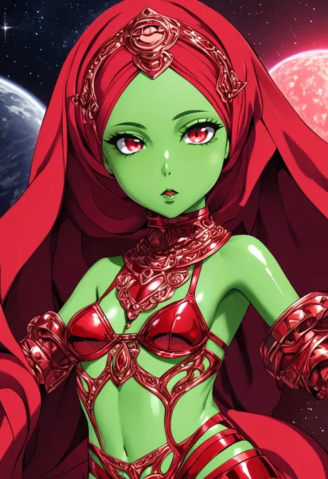 alien loli, green skin, red eyes, lipstick, red metal bikini, hijab, muslim girl, alien girl, space palace, sexy lady, ecchi, sexy alien loli, muslim loli.