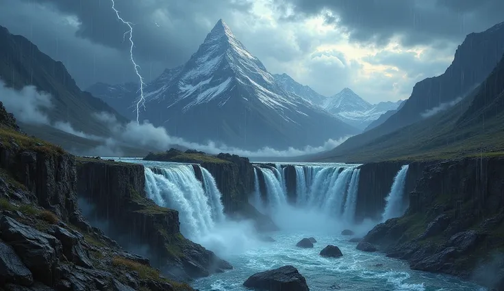 mountains in the background as rivers of water fall, gray sky background with thunderstorms, lightning and raining a flood