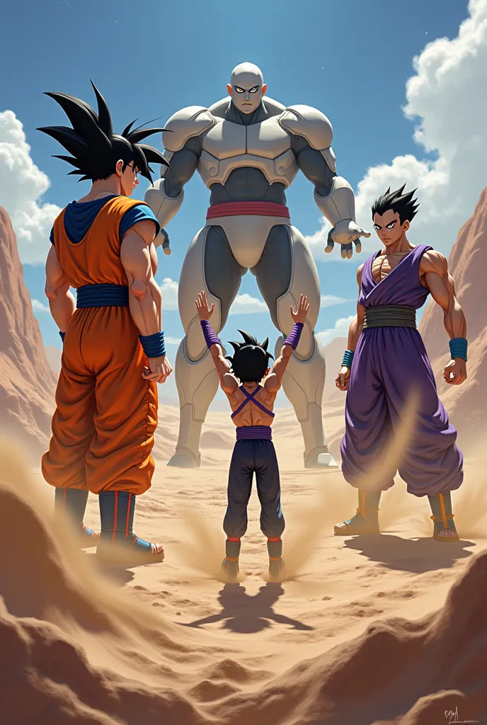 3 characters, Vegeta do dragon ball, Freeza from Dragon Ball and Gaara from the Desert caught up in a fight