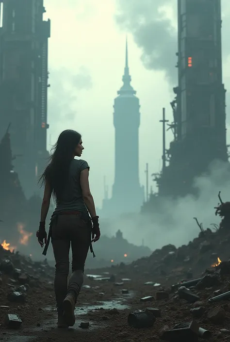 You have to do a futuristic landscape, With robot war, A girl in the foreground (After a battle)