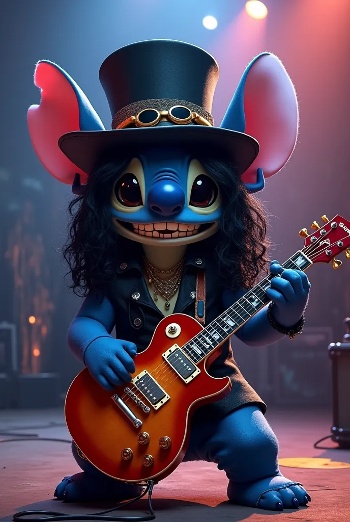 Create a full-length Stitch disguised as Slash from Guns n' Roses playing the guitar , with details and textures, bottomless, textures with colors that highlight the details