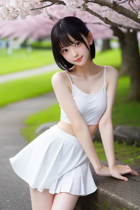 8k,masterpiece, Japanese,Perfect human anatomy,  girl ,from before, innocent face, gentle eyes,ish,white tank top,short skirt, black hair, semi-long,noon, bright,Cherry Tree,Skirt that flutters in the wind, wet costume,