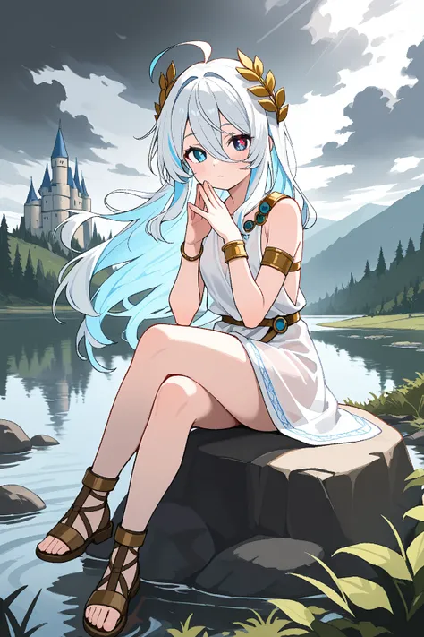 masterpiece, best quality, 1girl, solo, looking at viewer, fur1na, long hair, multicolored hair, light blue hair, white hair, cowlick, ahoge, hair between eyes, ancient greek clothes, sleeveless, (peplos), jewelry, (laurel crown:1.2), hair ornament, armlet...