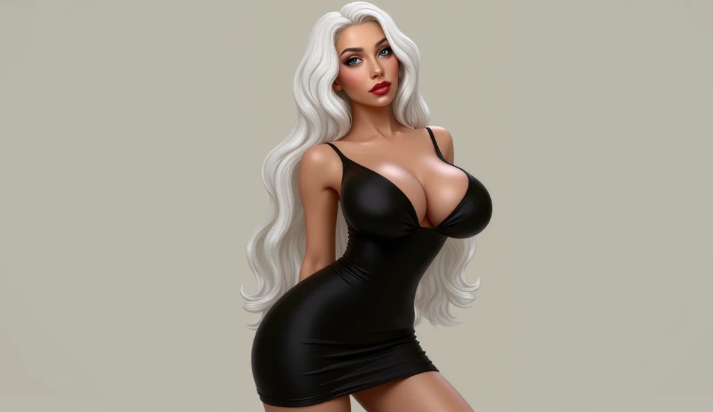 Beautiful voluptuous woman with big breasts with long white hair with blue eyes bright red lips in tight black dress with sexy hips 