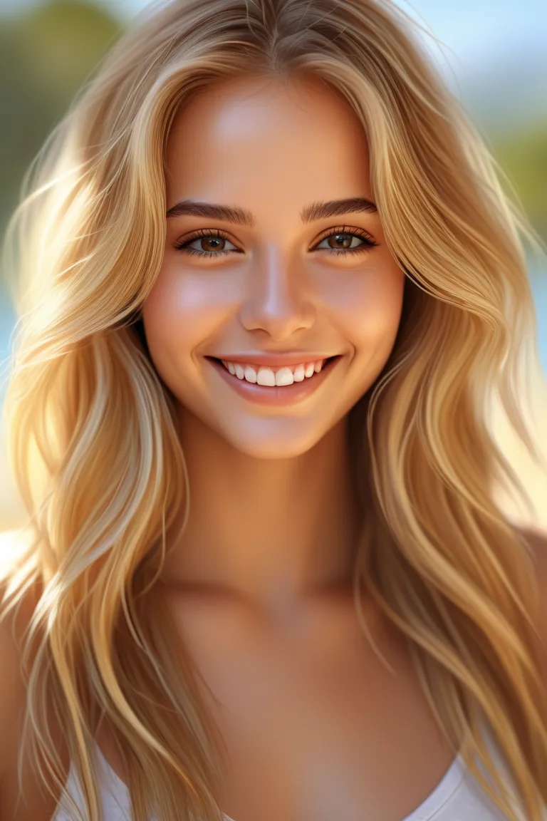 Create an attractive white-skinned Brazilian girl sexy smile, attractive look,  blond hair 