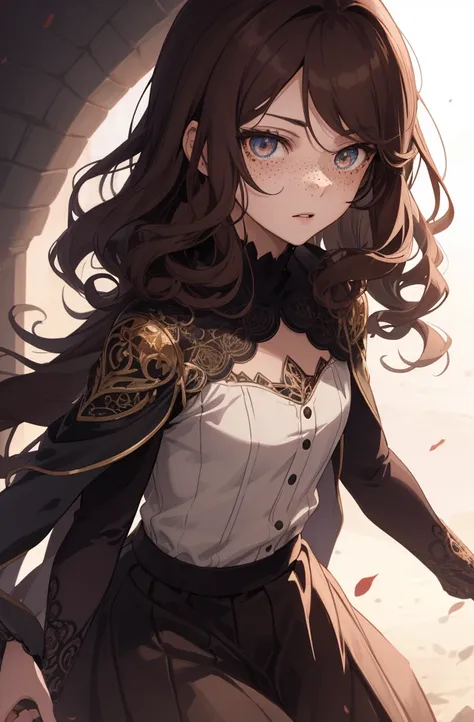 1girl, beautiful anime girl, short wavy brown hair, freckles. long skirt, dark eyelashes, perfect eyes, amber eyes, perfect face, intricate, intricate details, epic, character portrait, cinematic portrait, anime, anime art