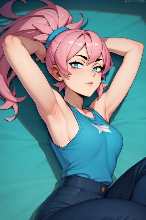 (masterpiece, the best quality:1.2), Alone ,  a girl,  sonrisa seductora,  Seductive Eyes  , Looking at the spectator, ponytail, pink hair, short blue shirt,  sleeveless, armpits, deep blue lycra pants, Lying down,  lifting his shirt