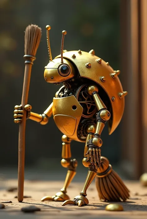 a photorealistic high quality small headless golden ladybug-like clockwork automaton cleaning with a broom, it is made of brass and copper. has 4 crab-like spiky pointy legs. has no head. headless. the dots on the back are also golden and bumpy. is slightl...