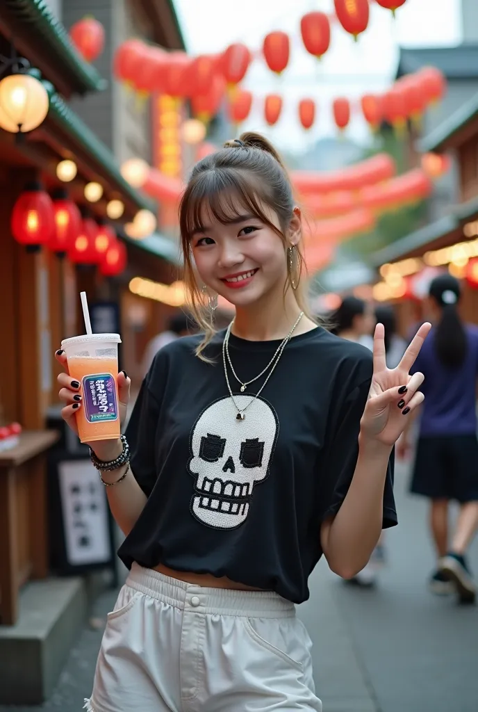 A professional photograph of a young woman at a vibrant Japanese festival, posing with a cheerful and relaxed expression. She has a slim physique, light brown hair styled in a casual ponytail with soft bangs framing her face, fair skin, and almond-shaped e...