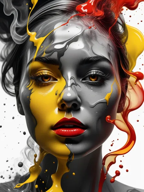 photorealistic, hyper detailed female face of smoke and red, yellow, and silver color. Added in a style reference, a composition reference, Hyper realistic, splash images, splattering, Fauvism, Geometric, Marble. 