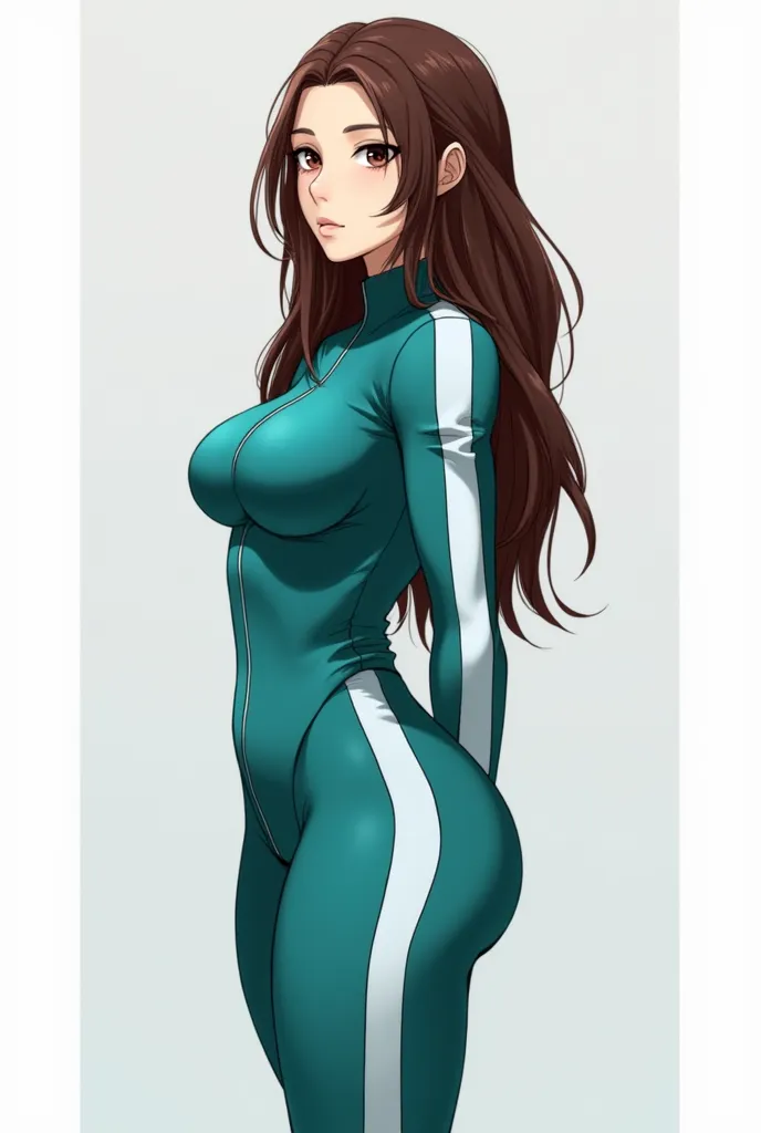 ((1girl)), short height ((4'11")), very long brown hair ((wavy)) hair, brown eyes, medium breasts, wide hips, bubbly butt, neutral expression, (digital), side view, ((bodysuit, armor, cybernetic spine)), best quality, teal tracksuit top with white striped ...