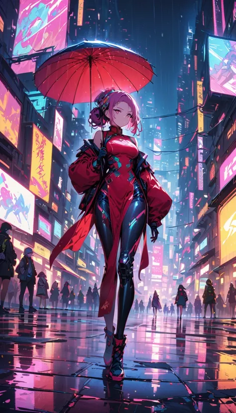 (best quality), ( super fine), (masterpiece), illustration, A girl China costume cyberpunk, (Holding an umbrella)，（cyberpunk，China costume，cybernetic implants），hair accessories, bright colors，dynamic lighting，neon lights，glowing city skyline，Holographic pr...