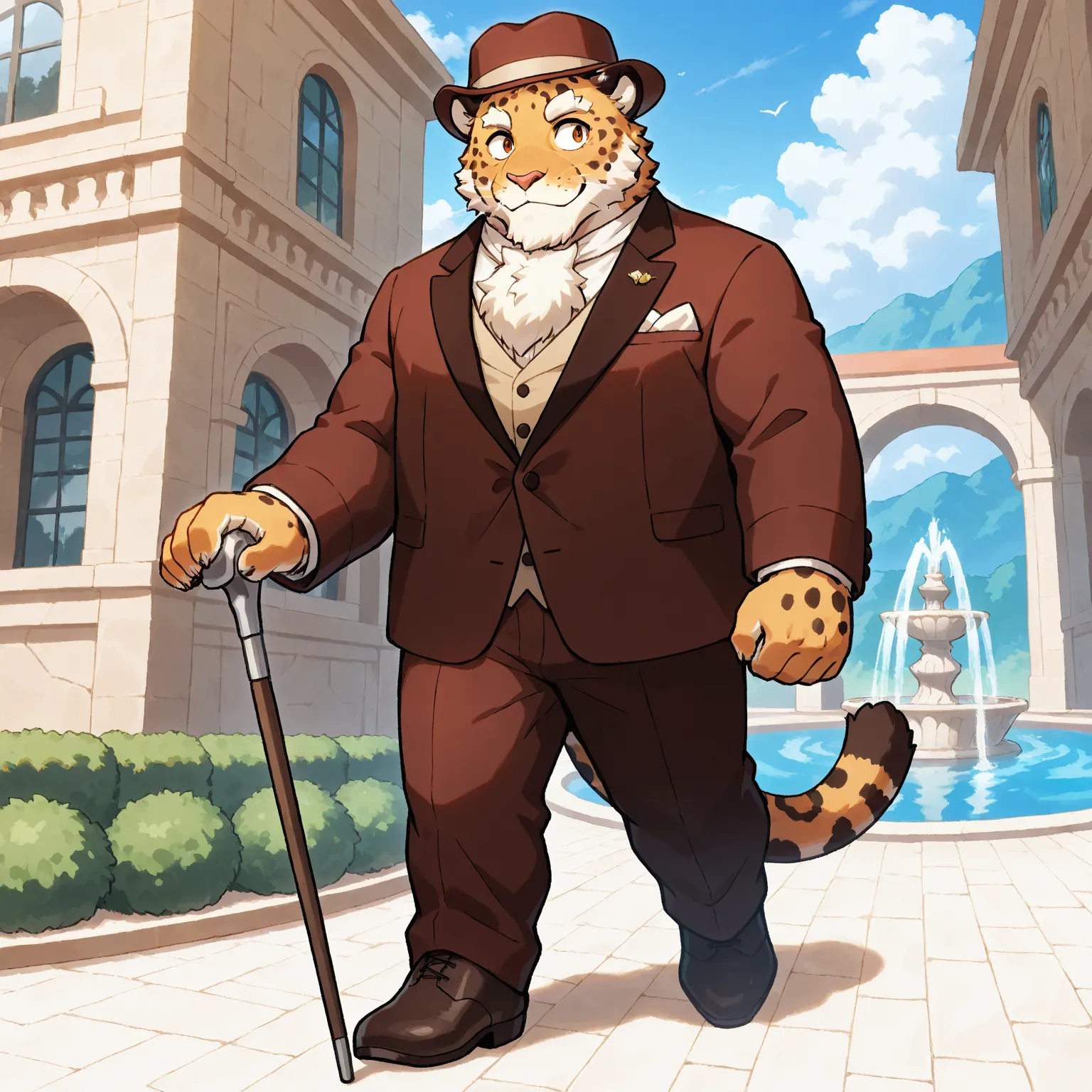 character focus, full body, looking away, dynamic angle, gentleman, middle-aged british jaguar man, elegant, little smile, gentleman suit, gentle man slacks, silk hat, stylish walking stick, strolling, elegant pose, BREAK full body in Michelangelo Buonarro...