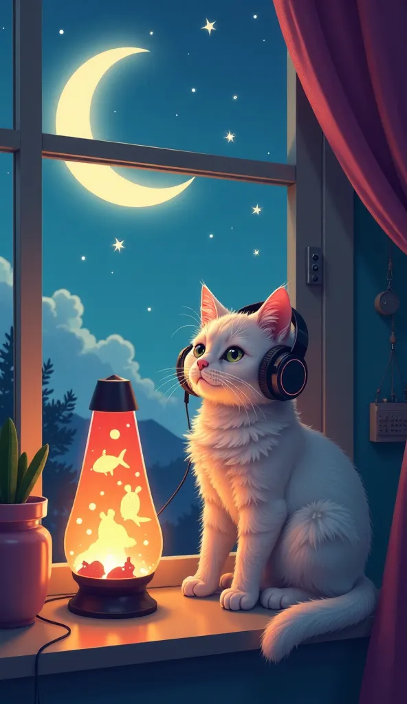 Cat in headphones,  cat face moon ,  cozy interiors with cats . colors — пастельные, night tones with accents like neon or soft light.  A cat wearing headphones is sitting on the windowsill ,  behind his back — a cat-eye moon .  Ghostfish are flying around...