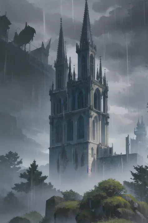 order of ravens, gothic cathedral, fog, rain forest, detailed dark fantasy scene, dramatic gothic architecture, dense foggy forest, dramatic moody lighting, ornate gothic spires, glistening rain on stone, ancient moss-covered trees, heavy storm clouds, atm...