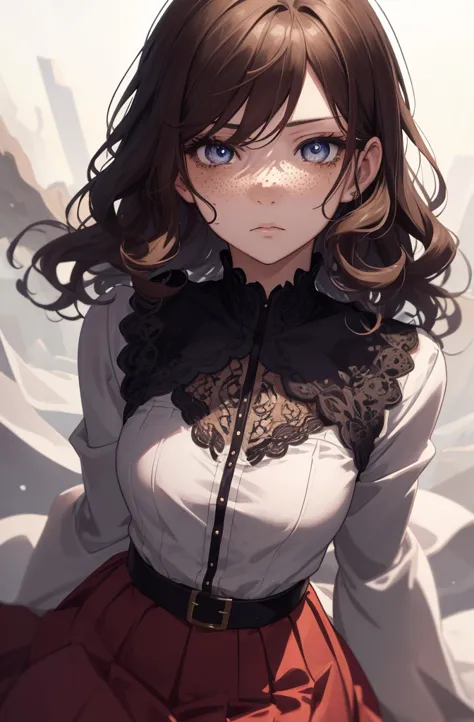 1girl, beautiful anime girl, short wavy brown hair, freckles. long skirt, dark eyelashes, perfect eyes, amber eyes, perfect face, stern expression, intricate, intricate details, epic, character portrait, cinematic portrait, anime, anime art