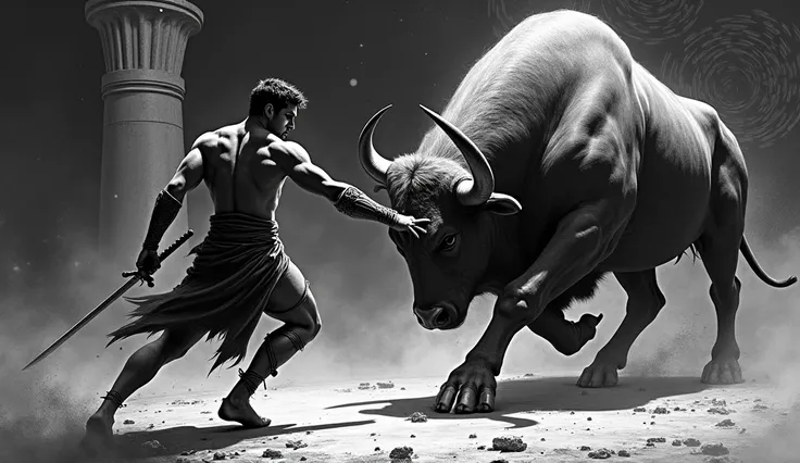 theseus warrior male,  battling a minotaur, mithology. dark tons, black and white. fantasy, greek, fantasy battle. Labirynth, pottery, cosmo, 