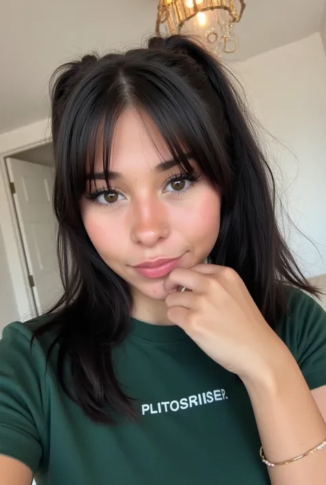 ,, Selfie girl hair black pony tail with bangs emo hair blue eyes  petit light asthetic  selfie sexy pose selfie cute bech black and dark green t shirt pink lips light skin 