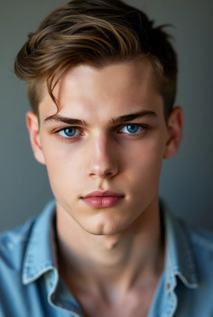 Real Photo, reality, a close portait, a 25 years old guy, light brown hair, short straight hair, pale skin, blue eyes, badass, masculinity, virility, very beautiful guy, the most beautiful guy of the world, white t shirt, gray background