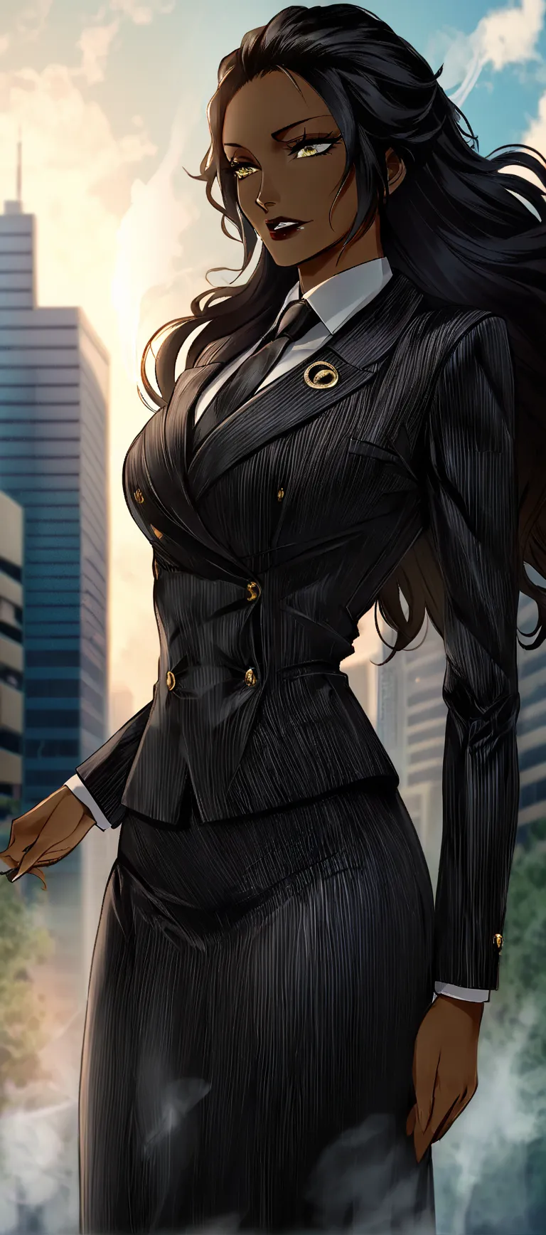 Thin Black business woman with curly while wearing a black pinstripe suit and pinstriped skirt on , golden buttons