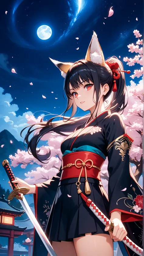 black hair ponytail fox ears lolicon night sky cherry anime red eyes black kimono short skirt with sword in one hand