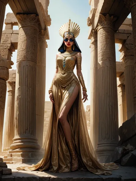 A very realistic and very detailed picture of a beautiful Egyptian Pharaonic model, young gorgeous women, Egyptian goddes,woman wearing sunglasses in the futuristic scifi egypt city, The costume inscribed with neonlight heroglyphs, ornate gold headdress an...