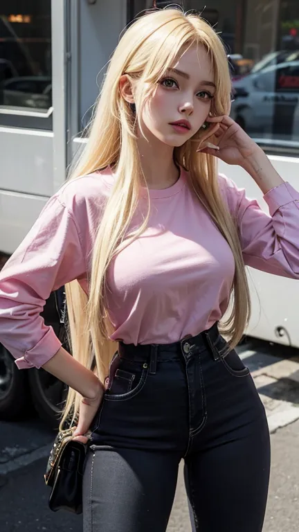 solo , 1girl , Blonde long hair , pink shirt rock punk styes , big breast , black jeans rock punk styes 