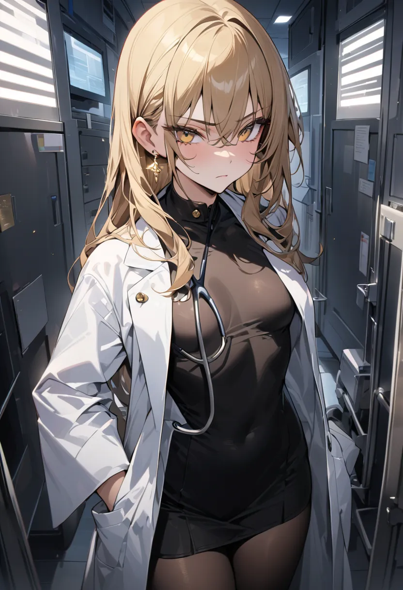 ((Greatest Masterpiece,Ultra High Quality:1.2)),(super resolution),(Alone),cowboy shot,At the hospital at night ,female doctor with slender figure and small breasts,beautiful faces,  long golden hair, perfect golden eyes,  serious expression,high quality p...