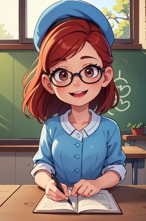 Old woman redhead brown eyes, glasses, white skin, laughing, cute actitude,  blue dress, red hair brown eyes, Black Beret, In front of white board by Clas Mujer is. Classroom interior