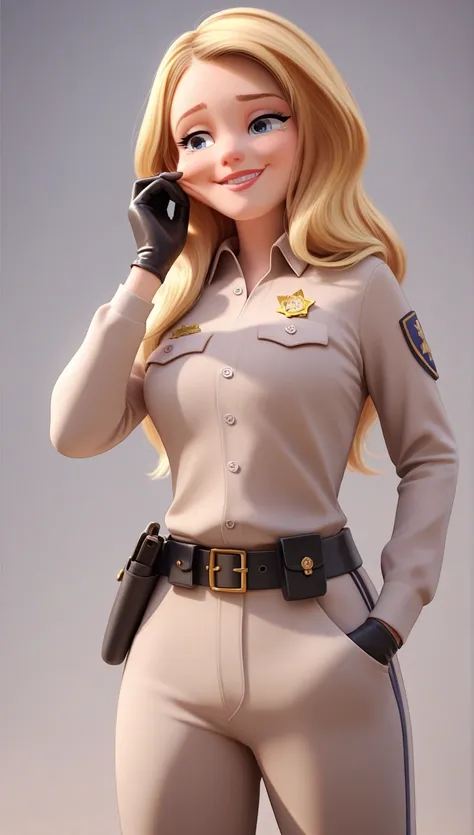 ((masterpiece,best quality)) ( cartoon_LorA}, {horror_edit : } {} { ({ (OfficerJaffeScoob, 1girl, blonde hair, blue eyes, } { black gloves, belt, long hair, uniform, holster, lips, breasts, pocket }    { perfectly shaped breast : perfectly fit body} {stand...