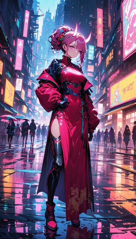 (best quality), ( super fine), (masterpiece), illustration, A girl China costume cyberpunk, (Holding an umbrella)，（cyberpunk，China costume，cybernetic implants），hair accessories, bright colors，dynamic lighting，neon lights，glowing city skyline，Holographic pr...