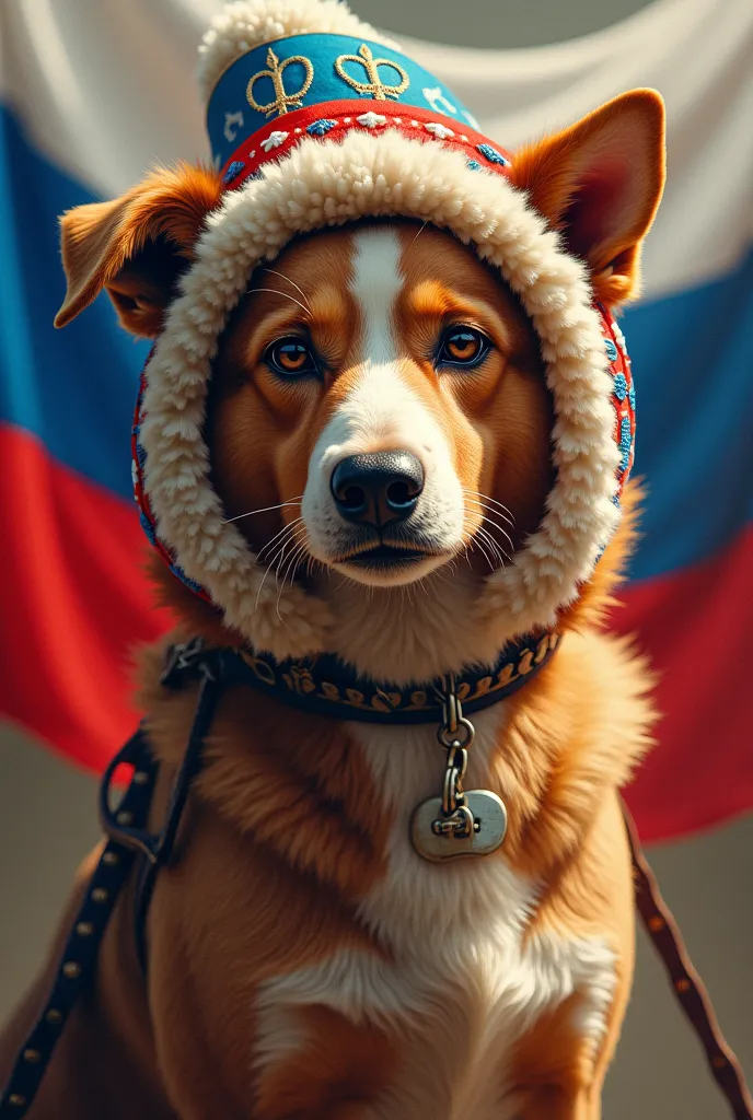 A dog with a Russian hat in front of an integralist flag 