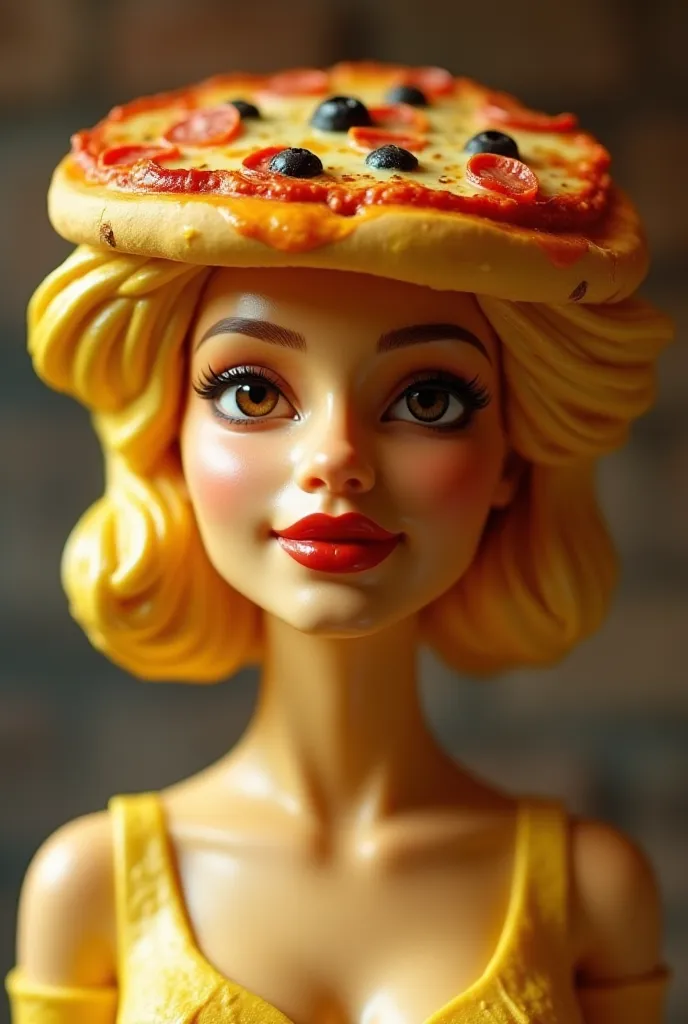 a close up of a figurine of a woman with a pizza on her head, pop surrealism, a digital rendering, by Edna Mann, pizza advert, megan fox made out of mayonnaise, taylor swift modeling, lady gaga with her venus hair, anthropomorphic cheese wedge