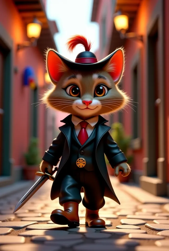 Puss in Boots in Pixar-style 3D animation, wearing a tiny black mafia suit with a red tie and a small feathered hat, strutting through a dark, Spanish-inspired alley. The alley has a 4K Disney/Pixar look, with glowing candles, colorful banners, and intrica...