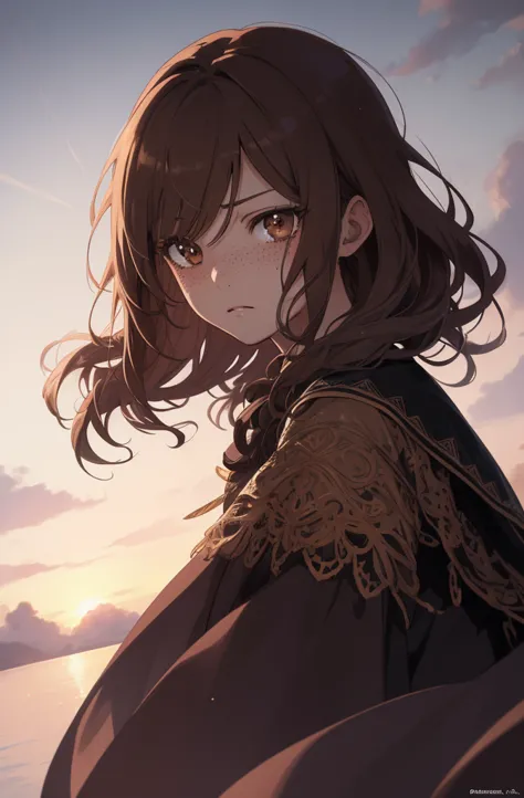 1girl, beautiful anime girl, short wavy brown hair, freckles. long skirt, dark eyelashes, perfect eyes, brown eyes, perfect face, stern expression, intricate, intricate details, epic, character portrait, cinematic portrait, anime, anime art