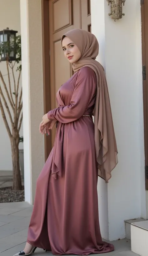 Woman with Lebanese hijab, natural breasts, luxurious, shiny satin, elegant, feminine abaya, long skirt, looking at the camera from the side of her face and against the background of a house, leaning against the wall