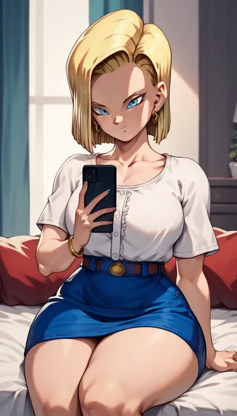 Android 18 short yellow hair blue eyes boobs big white blouse short abdomen healed thick thighs Big red skirt inside the bedroom with cell phone in hand taking sexy pictures thick thighs