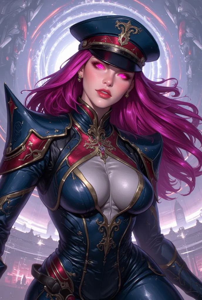 
Create a highly detailed illustration of a powerful female commander from a space-faring empire called the Astral Imperium. She has long, flowing magenta hair, glowing pink eyes, and wears a futuristic dark blue and gold military uniform with intricate re...