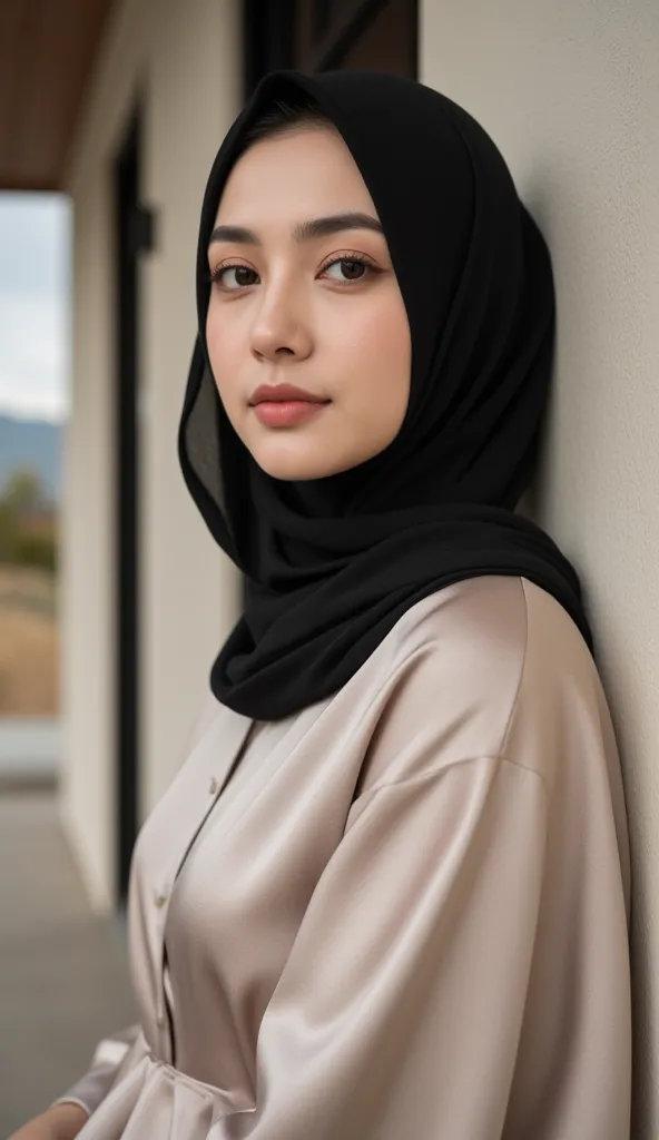 Close-up of a woman's face wearing a Lebanese hijab, natural breasts, a luxurious, shiny satin, elegant, feminine abaya, looking at the camera from the side of her face and against a house background, leaning against a wall.