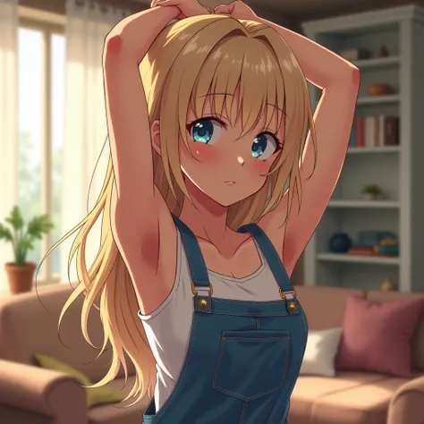 (anime woman, long blonde hair, blue eyes, White tank top, blue denim overalls, toned arms, at home, stretching arms, raised arms, showing off armpits, exposed armpits, from left side, anime, rough sweaty armpits, from left side, closeup of armpit, anime c...