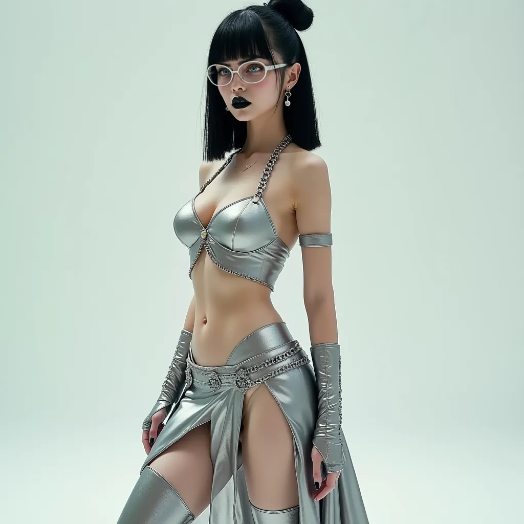  THIN WHITE YOUNG WOMAN , straight black hair combed from bun back, blue eyes , stylish silver glasses with silver chains on it,Black Lipstick , silver bikini , Long silver boot , a large silver skirt , behind the bikini, her doing sexy professional sexy f...