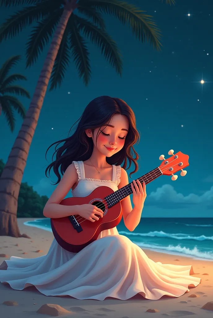  
a woman in a white dress sitting on the sand of a beach with coconut trees at night playing an ultra-realistic cartoon style ukulele