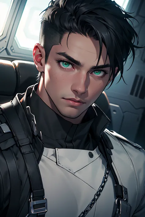 Male; Black Hair; Green Eyes; Emotionless Face; Sidecut hairstyle: short hair; on a Spaceship, Black military Uniform with silver buttons and chains; black Gloves;