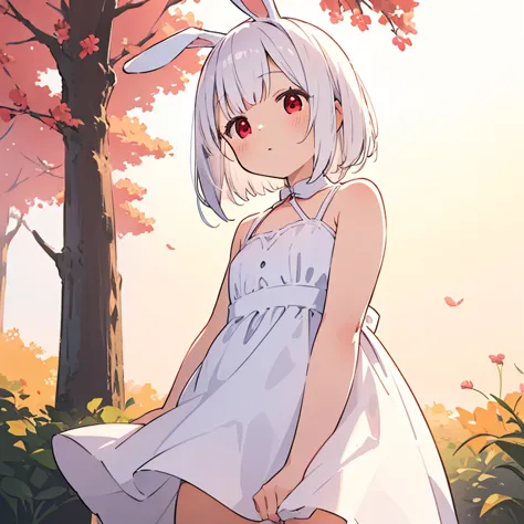 rabbit woman, ((distance from the viewer)), red eyes, cute aspect, innocent face, white short hair, (dress: white color,simple, short, hondulating),, beautiful outdoor, peaceful, lonely, warm tones