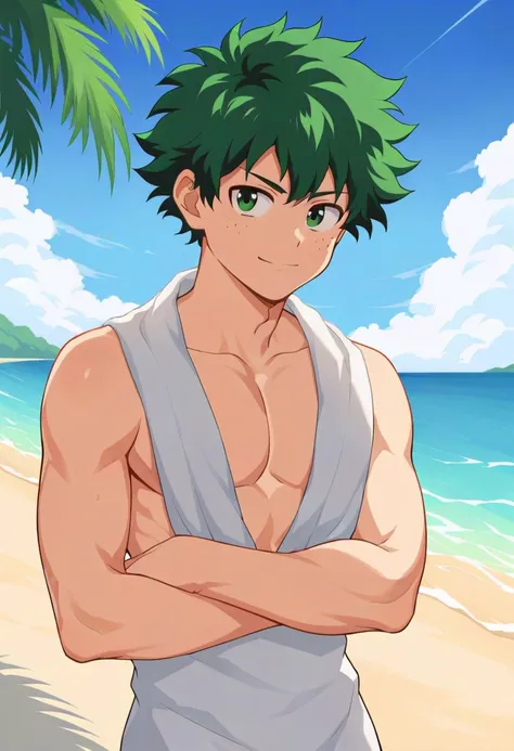 masterpiece, best quality, intricate details, , , 1boy, male focus, izuku_midoriya, green hair, green eyes, short hair, solo, close-up, beach, palm tree, towel, midnight, arms under breasts, smirk, one_piece_wano_style,