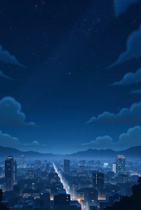 Create an image for me to place as a background on my cell phone, Do a starry night with the anime theme, Japan, and I want this image from above a building. Make a starry night without anyone in the image. Also make the image above buildings in the city o...