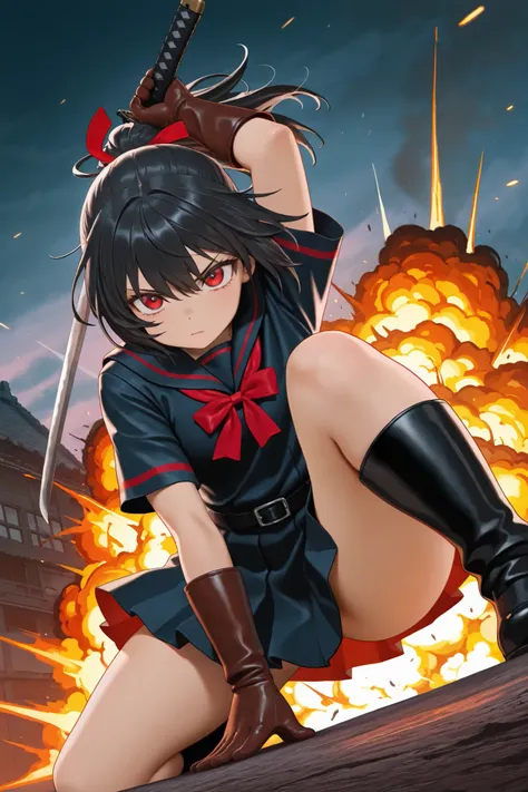 masterpiece, best quality, amazing quality, front view, from below, 1girl, solo, short hair, black hair, ponytail hair with red ribbon, red eyes, black and red sailor uniform, short sleeve, (leather gloves), superhero landing pose, holding weapon, katana, ...
