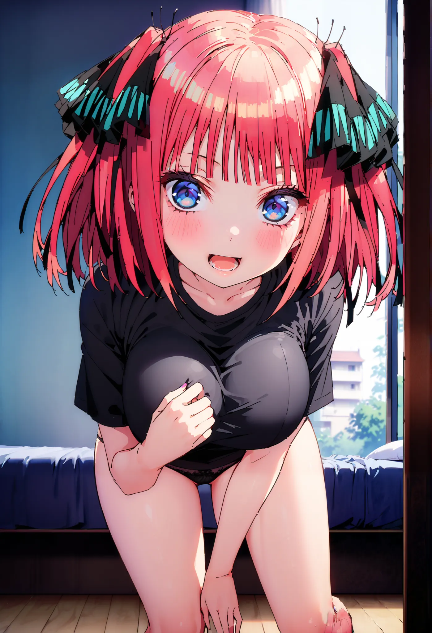 Nijino Nino ,  short hair, bangs,  blue eyes, hair ornaments close to the garden, hair bow, pink hair, blunt bangs, two side up, butterfly hair ornaments close to the garden,smile,blush,opens her mouth,black string panties,Big Breasts, Chest Valley, slouch...