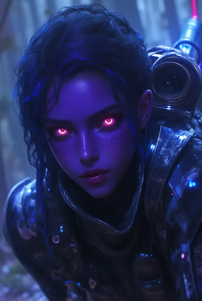 epic quality,  lots of details ,  lots of details  en la cara, Pretty young girl with purple skin ,rounded features en el rostro, Her skin is purple ,  has very bright red electric eyes, rounded features,  freckles on her face just above her nose and on he...